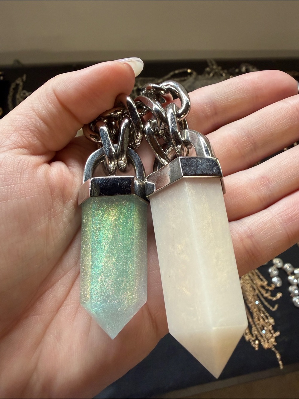 Love Rokz Silver Chain Necklace with Green and White Opalescent Point Pendants
